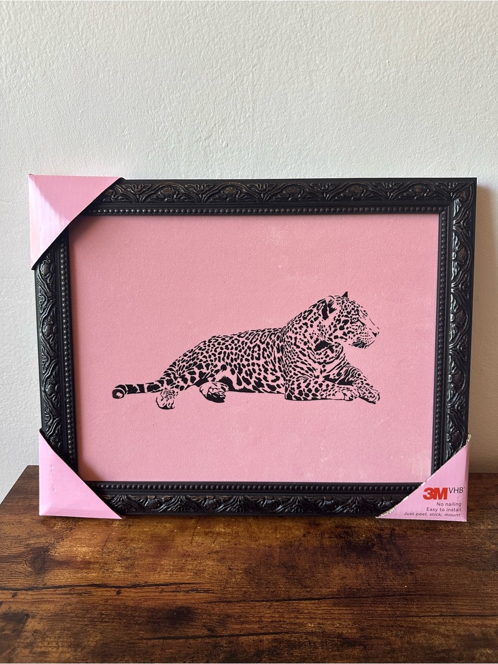 Pink Leopard Wall Art Ornate Black Frame Velvety Soft Finish 3M Stick Mount NWT